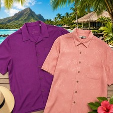 Tommy Bahama Silk Camp Shirt Men XL Purple Peach Tropical Island Resort Lot 2