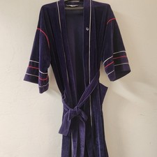 Vintage Christian Dior Blue Bath Robe One Size OS Stripe Wide Sleeves Velour Sof