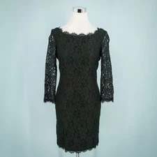 Diane Von Furstenberg Size 8 Black Zarita Lace Boat Neck 3/4 Sleeve Mini Dress
