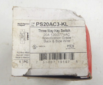 Pass & Seymour PS20AC3-KL 3-Way Key Switch 20 Amp 120/277V NEW