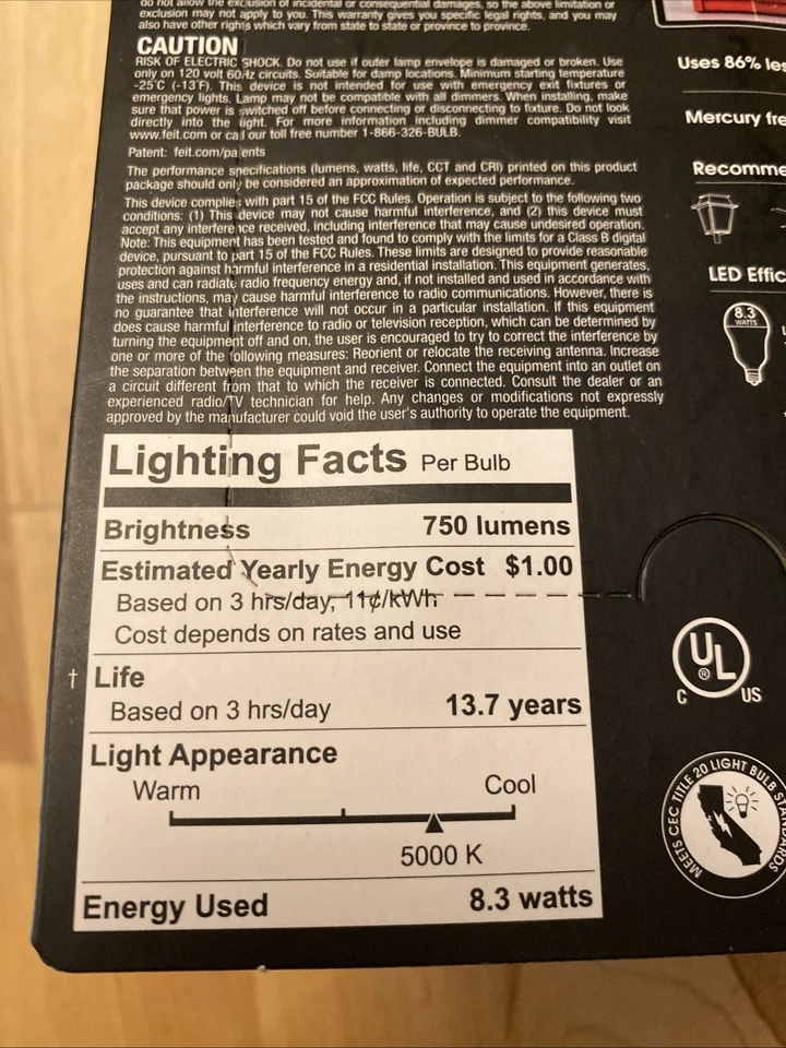 Feit Electric BPA1560N/950CA/2 120V 8.3W 5000K 750 Lumen Dimmable LED Light Bulb - Image 3 of 4