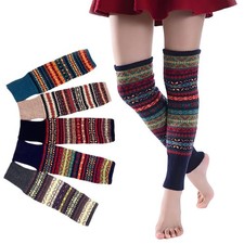 Women's Striped Ethnic Knitting Wool Footless Knee High Boot Cuff Cover Soc T9V9