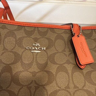 COACH Signature Logo Zip Tote Khaki Tan Canvas Orange Leather