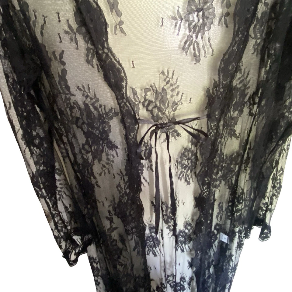 Black Sheer Floral Lace Robe Duster Tie Front Cover Up XL Boudoir Romantic Goth - Image 2 of 4