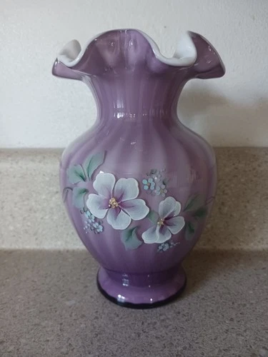 Vintage Fenton Lavender White Cased Ruffled Top Handpainted Floral Vase 7"