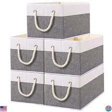 Yawinhe 5-Pack Foldable Storage Baskets - Large Fabric Bins with Rope Handles,
