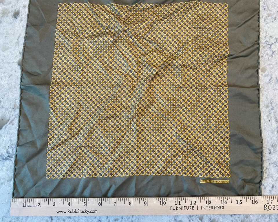 Vintage Hermes Olive Silk Pocket Square Geometric Motif - Image 4 of 4