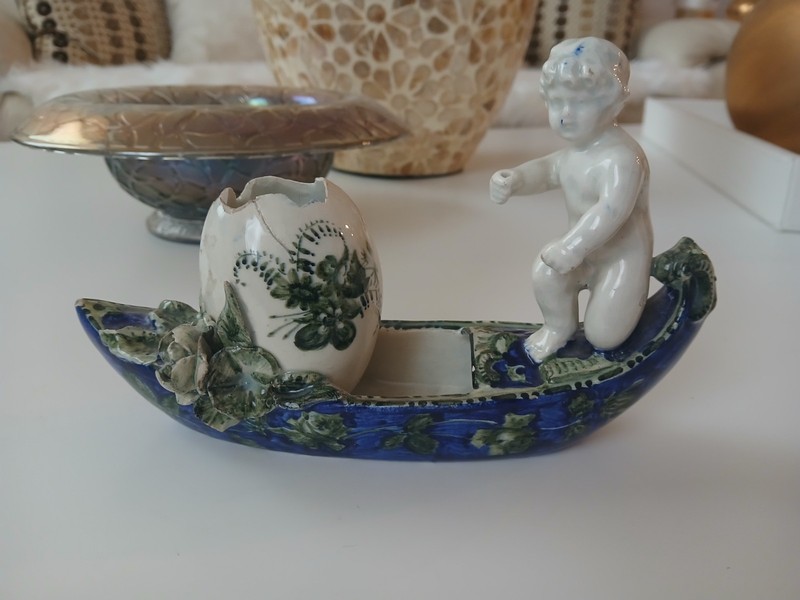 Antique Art Deco Majolica Porcelain Gondola Figurine