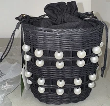 Kate Spade X Target Pearl Embellished Black Bucket Drawstring Woven Bag Purse