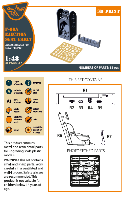 Clear Prop CPA48047 1:48 F-86A Sabre 3D-Printed Early Ejection Seat