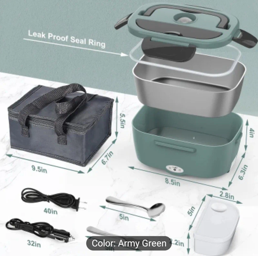 Heated Lunch Box for Adults – 54.1oz Capacity (Army Green)