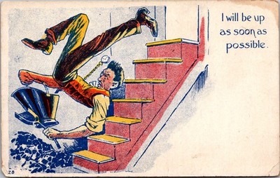Man Falls Down Stairs, I Will Be Up As Soon As Possible Vintage Postcard B123