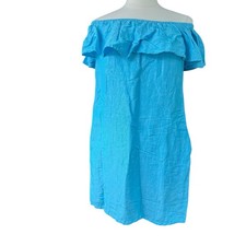 Tommy Bahama Dress Linen Women Sz XS Off Shoulder Ruffle Shift Blue St. Lucia