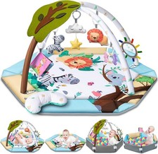 Baby Gym Play Mat, 8-in-1 Tummy Time Mat & Ball Pit with 6 Toys, Washable Baby A