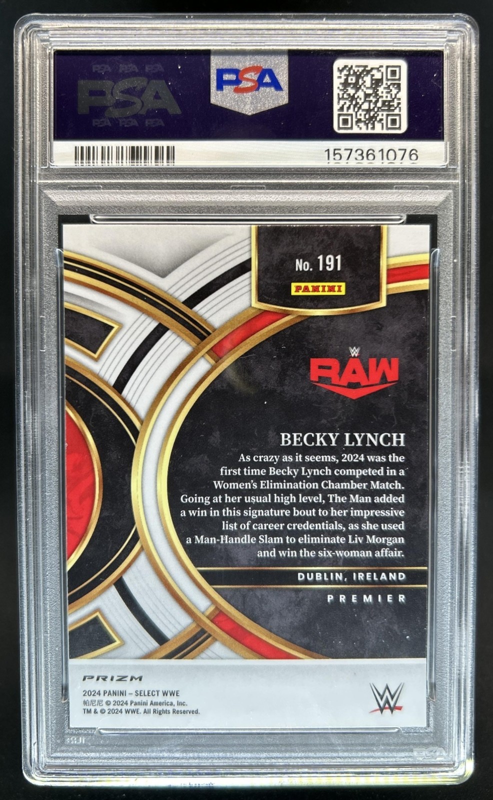 2024 Panini Select WWE Becky Lynch Zebra Prizm SSP Premier Level #191 PSA 8 view 2