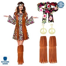 Hippie Costume Set Women 60s 70s Outfits Accessories Peace Sign Dress 5 Piece