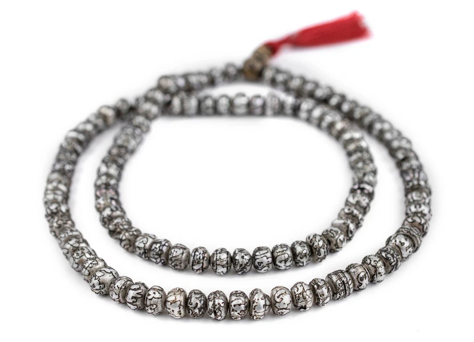 Carved Mother-of-Pearl Prayer Beads 8mm Nepal Silver Round Shell 23 Inch Strand - Image 3 of 4