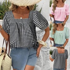 Ladies Loose Short Sleeve Shirts Blouse Summer Casual Holiday Checked Tops Tee