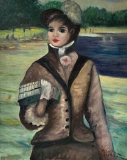 Dipinto A Olio Donna Nel Central Park Di New York Firmato 20° Secolo Danneggiato