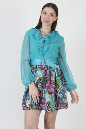 Vintage 60s Psychedelic Print Dress Teal Chiffon Sheer Mod Cocktail Party Mini - Picture 5 of 7