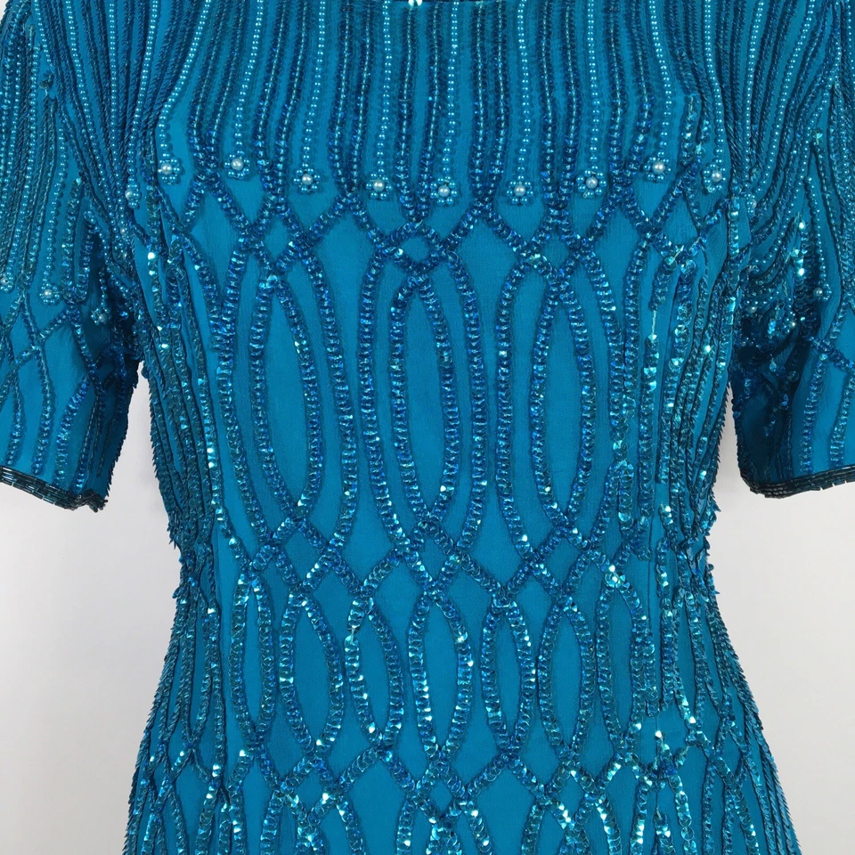 Stenay 复古 80 年代绿松石蓝色亮片舞会派对正式迷你连衣裙 10 码 — 第 4/4 张图片