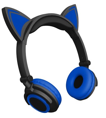 Headphone Earphone On Ear Wired LED Cat Ears Stereo Headsets Blue and Black