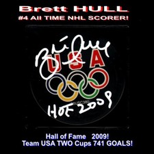 St. Louis BLUES Brett HULL #16 Signed OLYMPIC RINGS Puck W/ HOF 2009 Holo & COA!