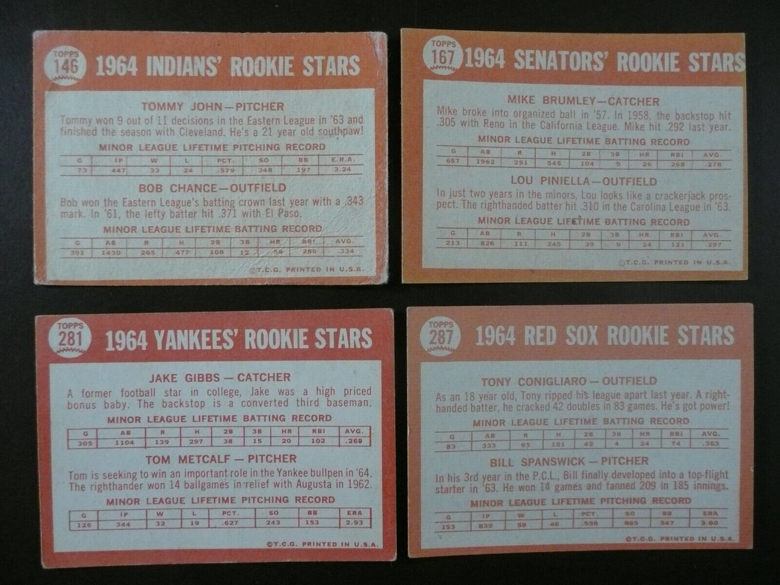Lot of 4 1964 Topps Baseball Cards #146 Tommy John Rookie Card, #167 ...