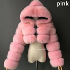 Women Furry Hooded Cropped Jacket Coat Faux Fur Top Long Sleeve Warm Party Short