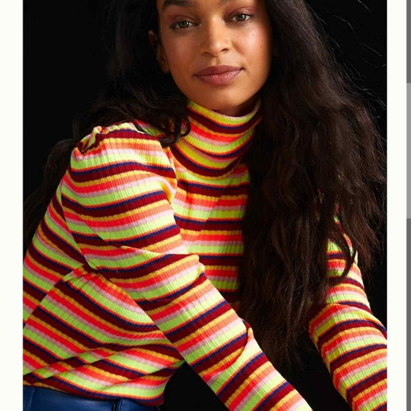 Maeve Knit Blouse Puff Sleeve Turtleneck in Striped | eBay