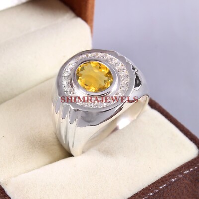 Natural Citrine Gemstone with 18K White Gold Plated Silver Men's Ring #279