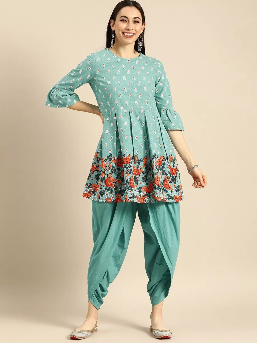 Women Turquoise Blue & White Printed Kurti with Dhoti Pants | eBay