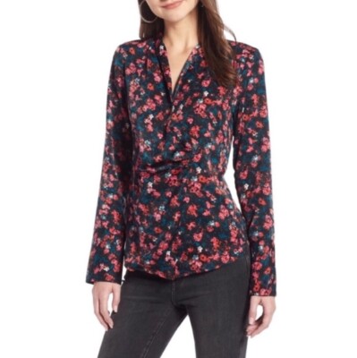 Something Navy | Floral Blue Red V-Neck Wrap Button Ruched Blouse Size Small
