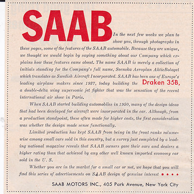 1959 SAAB  ~  VINTAGE ORIGINAL SMALLER PRINT AD