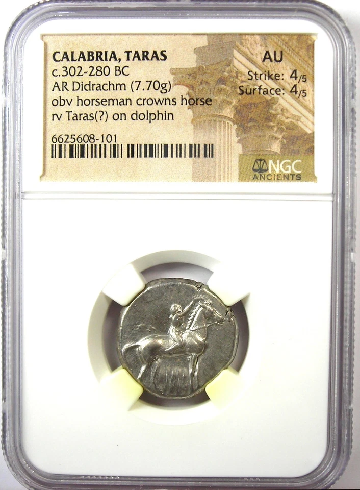 Moneda Caballo Delfín Plata Calabria Taras AR Didrachm 302 aC - Certificada NGC AU Foto 2 de 4