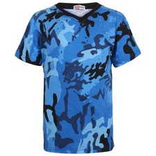 Kids Basic Camo Blue T Shirt V Crew Neck Casual Everyday Fashion Boys Girls 2-13