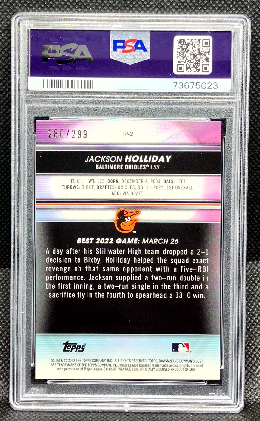 JACKSON HOLLIDAY 2022 Bowman's Best Prospect Mini Diamond Refractor /299 PSA 10 view 2