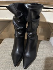 Black Pointed Toe Slouch Mid-Calf Boots Faux Leather Zip Stiletto Heel Women