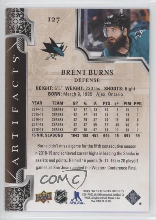2019-20 Upper Deck Artifacts Stars Emerald /99 Brent Burns #127 - Image 2 of 2