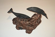 JOHN PERRY Two GRAY WHALES Sculpture Wood Base Vintage