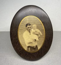 Vintage Celluloid Attached Photograph Frame  Man With Baby  On Tin  Standing