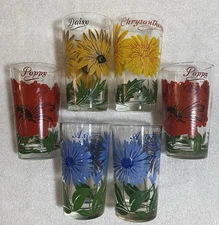 Vintage Boscul Peanut Butter Glasses Variety Lot of 6 Floral 5" Glass Tumblers