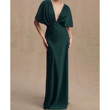 BHLDN Anthropologie Leila Satin Gown Dress 4 Forest Emerald Green Flutter Sleeve