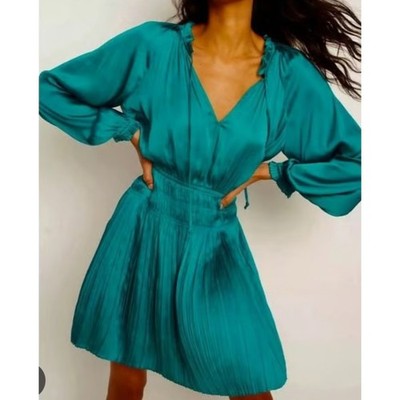 Anthropologie Current Air Alyce Blue Green Pleated Mini Dress Small Petite NWT