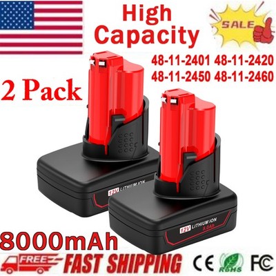 2Pack 8.0Ah Battery For Milwaukee For M12 LITHIUM Extended Capacity 48-11-2460