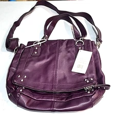 Hype Aubergine Leather Bag Silver Studded Shoulder Crossbody Compartment Pockets
