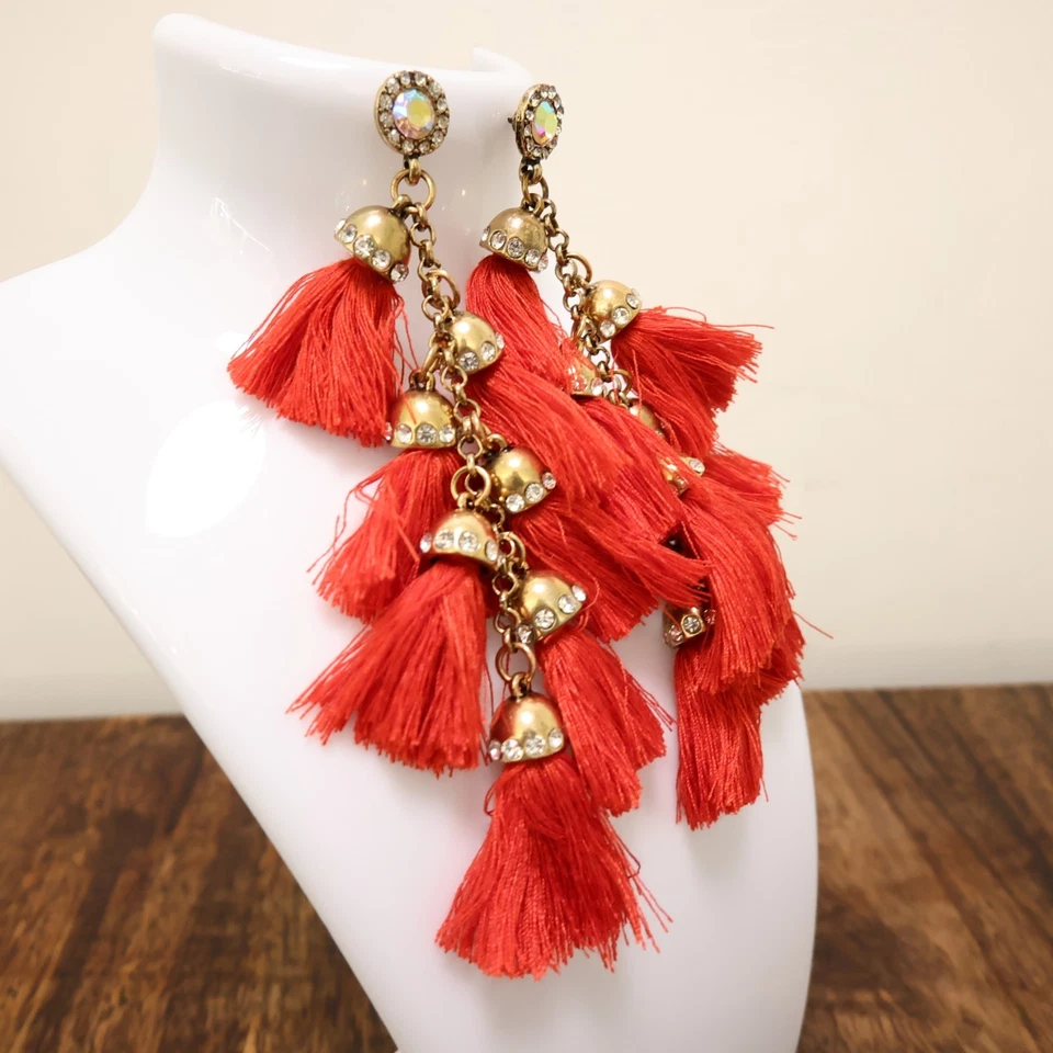 Tassel earrings chandelier cascading red satin clear AB crystals goldtone caps - Image 3 of 4
