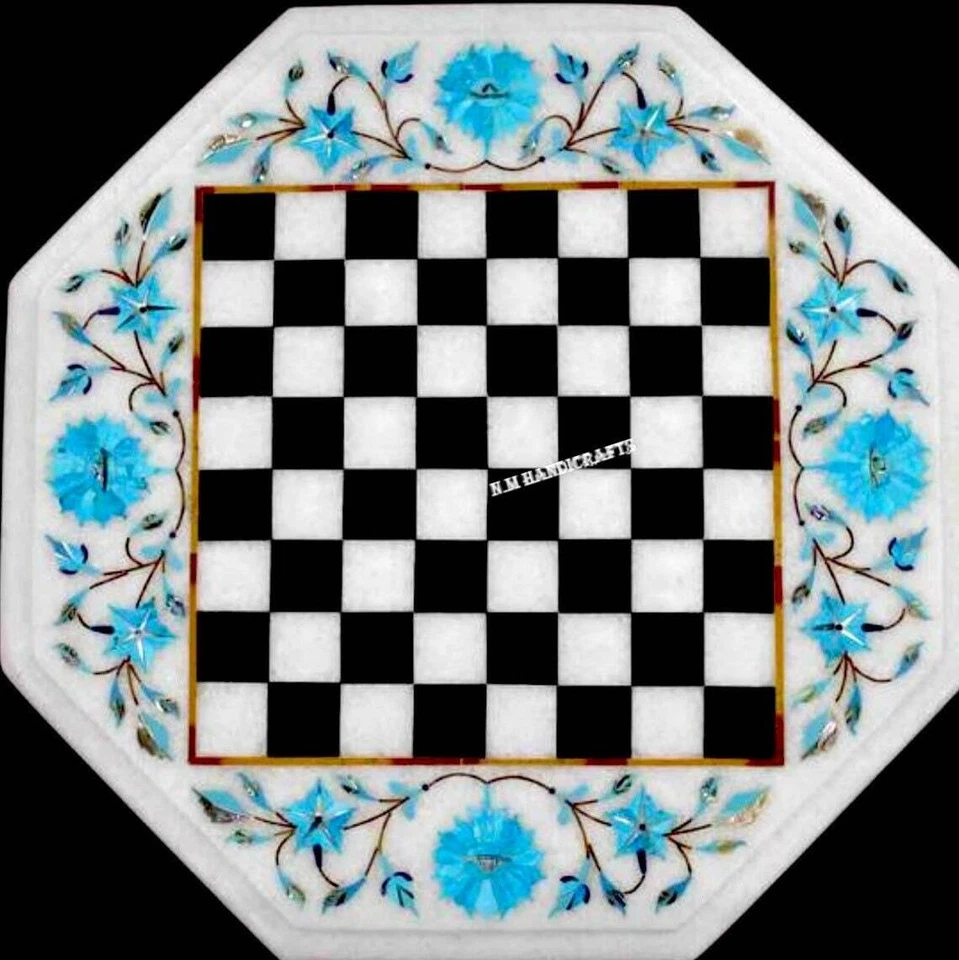 White Marble Chess Set, Turquoise Stone Inlay Chess Board, Vintage Game Board - Image 2 of 4