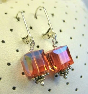 Vintage Sterling Silver Pink Rainbow Swarovski Crystals Dangle Hook Earrings 925