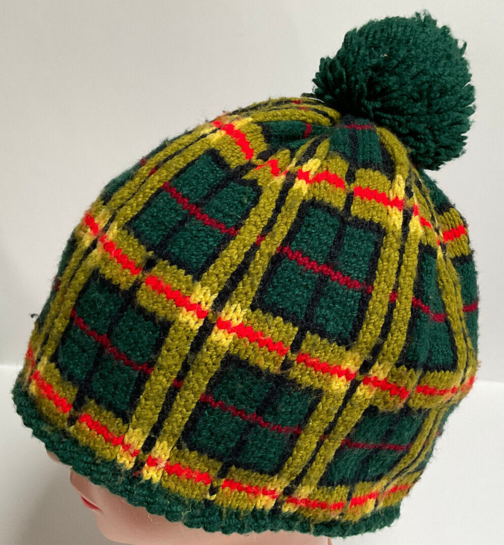 Green orange red gold Plaid knit pom pom hat beanie